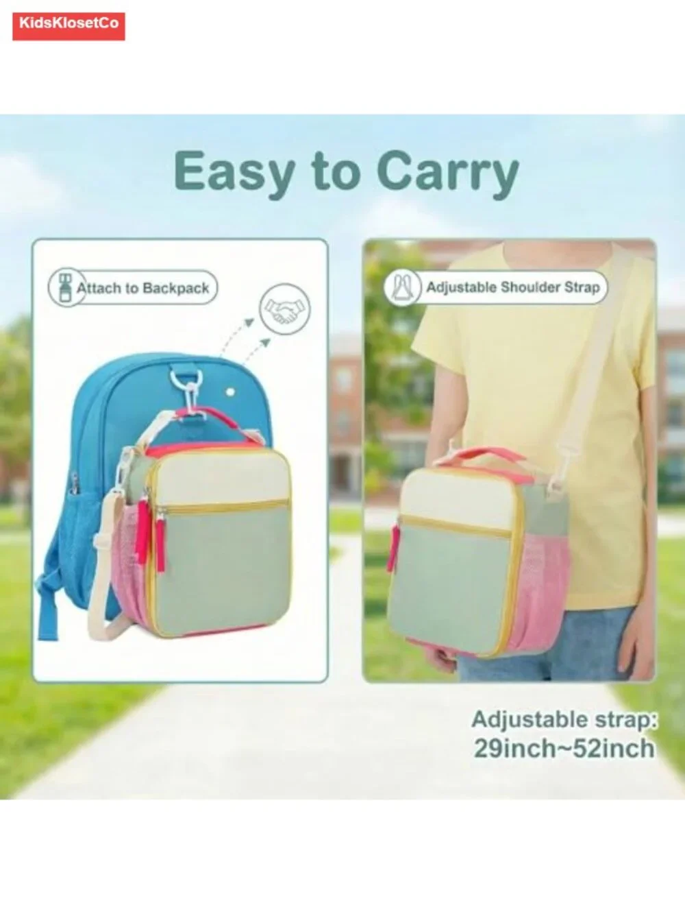 Kids Insulated Lunch Bag with Adjustable Shoulder Strap, Zipper Closure,